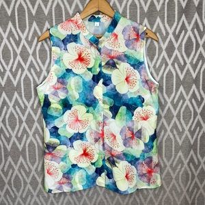 Floral Sleeveless Mock Collar Button Up Shirt Lightweight Size: Large